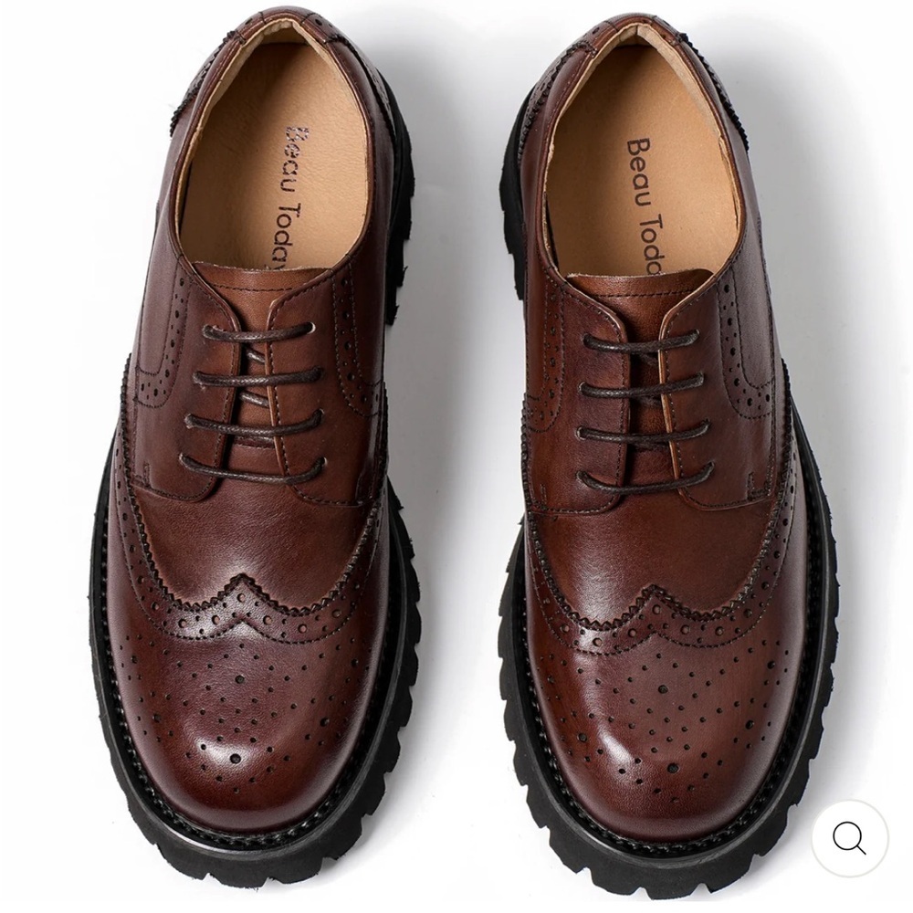 Beau Today Brown Oxford Classic Derby Leather Wingtip Platform Loafers size 9.5 - Picture 2 of 11